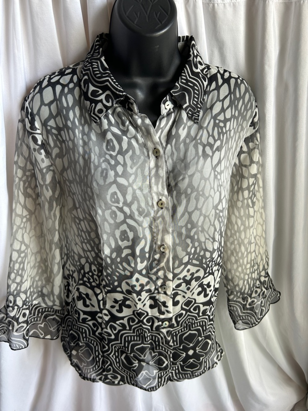NICOLA Black & White Printed Button-Up All Sheer Blouse - Picture 2 of 11